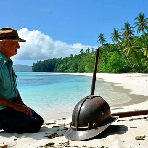 Guadalcanal History & Nature**

"A wide, scenic shot of a tropical beach on Guadalcanal, Solomon Islands. In the foreground, a fully clothed historian examines a weathered WWII artifact (helmet or piece of machinery). Lush jungle borders the beach. In the background, a tranquil, turquoise ocean stretches to the horizon. Safe for work, appropriate content, fully clothed, professional, natural proportions, perfect anatomy, high quality, historical tourism, modest attire, daytime."

**