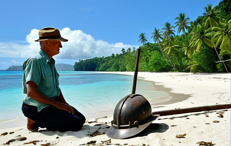 Guadalcanal History & Nature**

"A wide, scenic shot of a tropical beach on Guadalcanal, Solomon Islands. In the foreground, a fully clothed historian examines a weathered WWII artifact (helmet or piece of machinery). Lush jungle borders the beach. In the background, a tranquil, turquoise ocean stretches to the horizon. Safe for work, appropriate content, fully clothed, professional, natural proportions, perfect anatomy, high quality, historical tourism, modest attire, daytime."

**