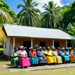 **

"A Sunday church service in a village on the Solomon Islands, fully clothed congregation singing hymns, colorful traditional clothing mixed with modest Western attire, safe for work, appropriate content, bright sunny day, exterior shot of a simple church building, surrounded by lush tropical vegetation, perfect anatomy, natural proportions, professional photography, family-friendly."

**