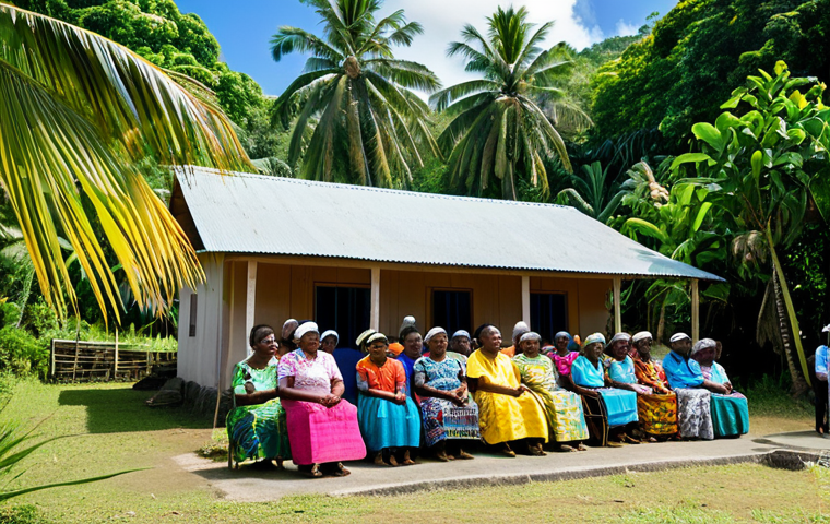 **

"A Sunday church service in a village on the Solomon Islands, fully clothed congregation singing hymns, colorful traditional clothing mixed with modest Western attire, safe for work, appropriate content, bright sunny day, exterior shot of a simple church building, surrounded by lush tropical vegetation, perfect anatomy, natural proportions, professional photography, family-friendly."

**
