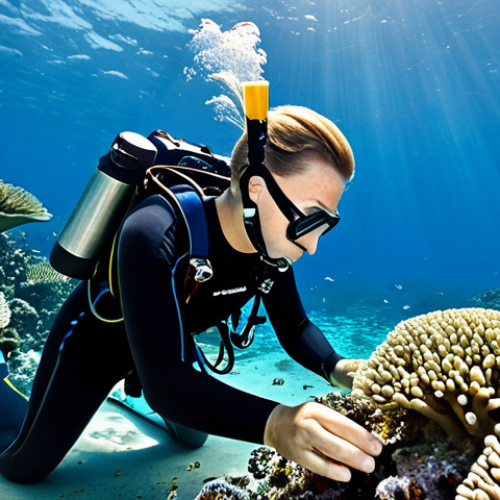 "A professional marine biologist, fully clothed in appropriate diving gear, examining coral reefs in the Solomon Islands. Sunlit ocean, diverse fish species, clear water. Perfect anatomy, correct proportions, well-formed hands, natural pose, safe for work, appropriate content, professional, family-friendly."