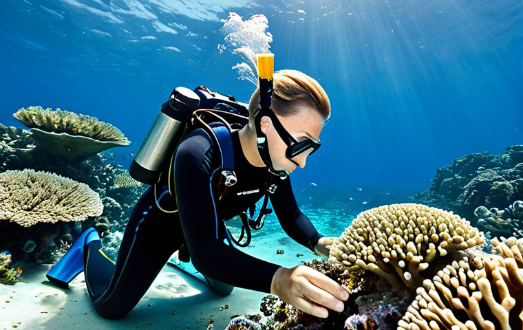 "A professional marine biologist, fully clothed in appropriate diving gear, examining coral reefs in the Solomon Islands. Sunlit ocean, diverse fish species, clear water. Perfect anatomy, correct proportions, well-formed hands, natural pose, safe for work, appropriate content, professional, family-friendly."